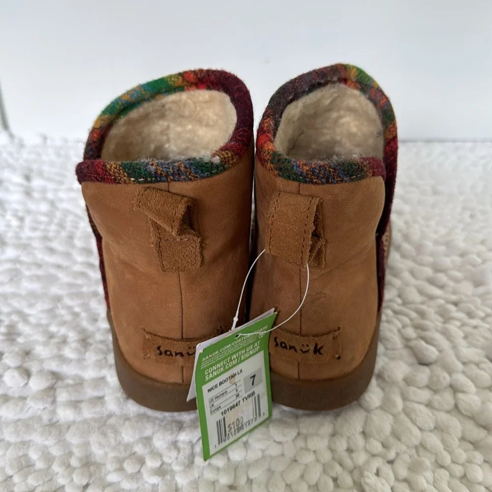 NWT SANUK Nice Bootah LX boots size 7 brown suede slip on faux shearling ankle
